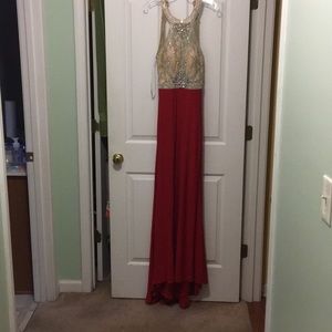 Red and champagne prom dress.